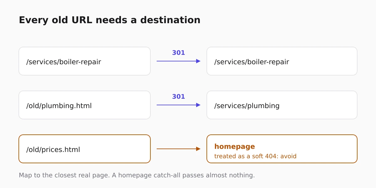 Old URL to new URL, joined by a 301: the map is what makes a migration survivable