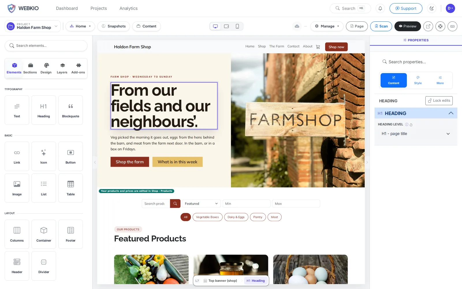 The Webkio editor: a heading selected on a farm shop homepage, with the element library on the left and the heading's properties on the right