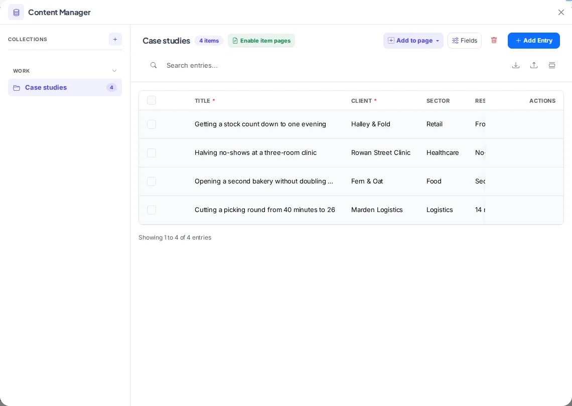 The Content Manager showing a Case studies collection with four entries