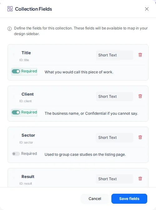 The Collection Fields editor showing typed fields with required toggles and help text
