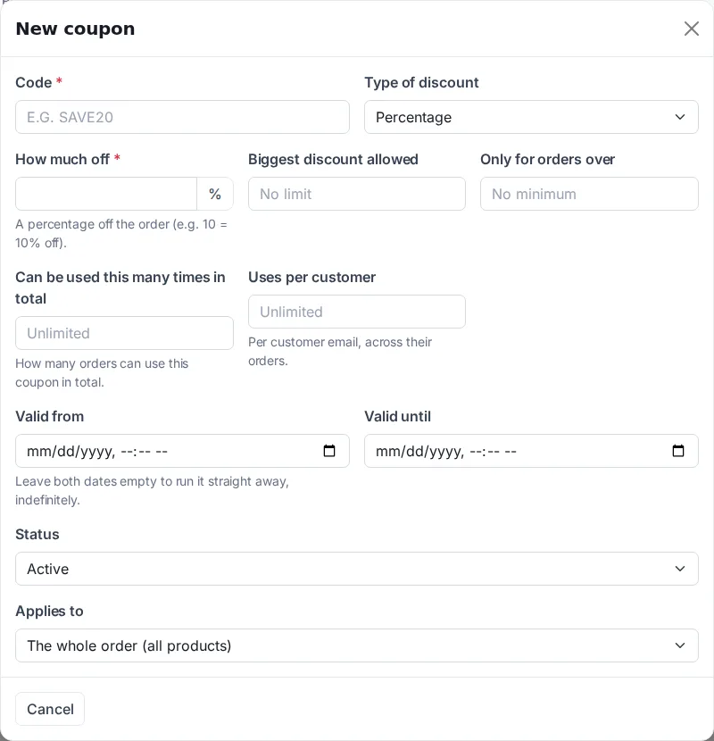 The New coupon form showing discount type and the limit fields beneath it