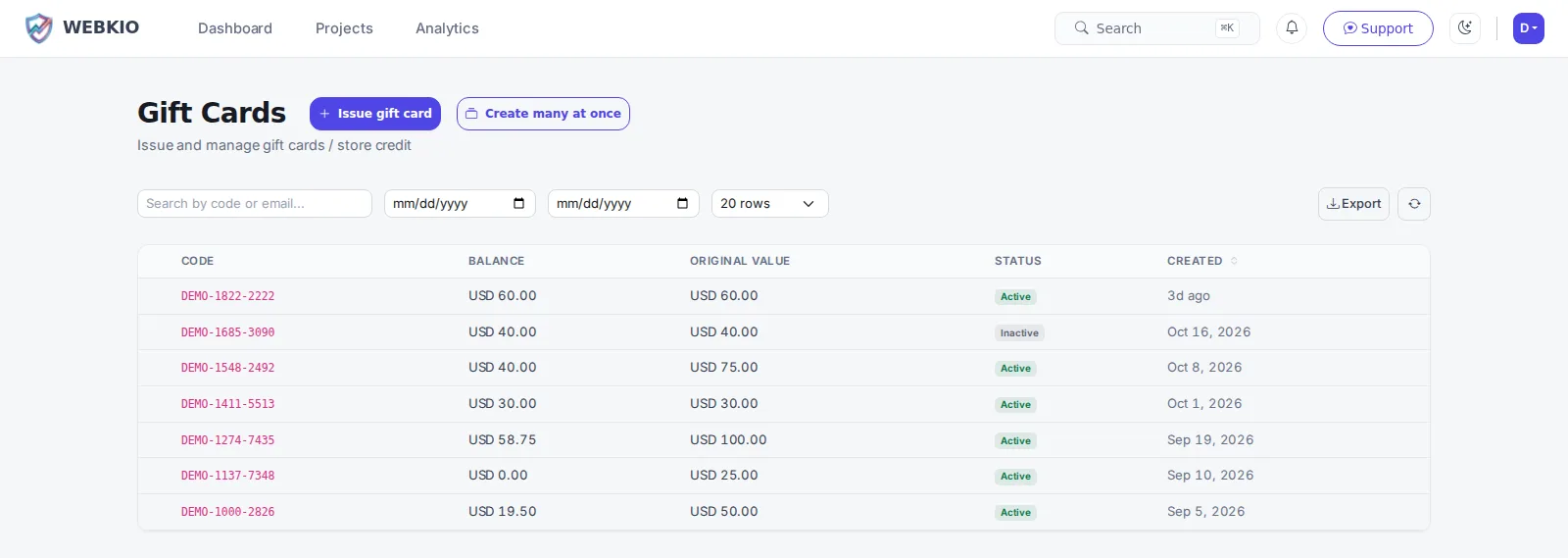 The Gift Cards screen, showing part-spent balances against their original values