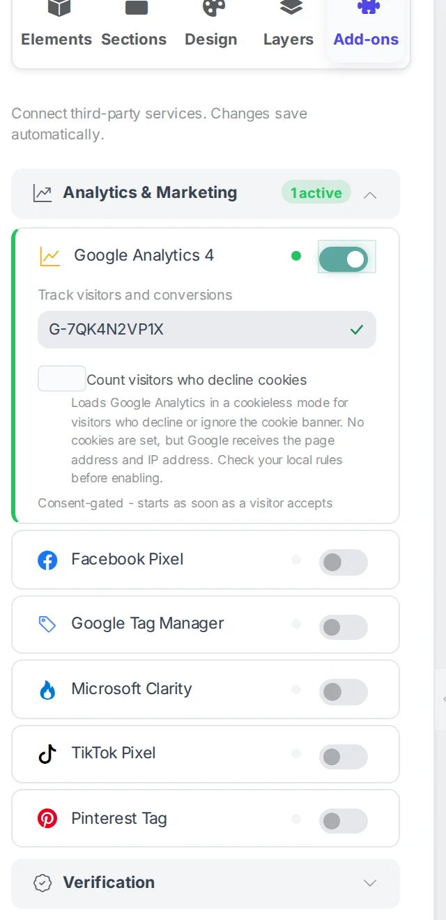 The Add-ons tab in the Webkio builder, with Google Analytics 4 switched on and a measurement ID entered