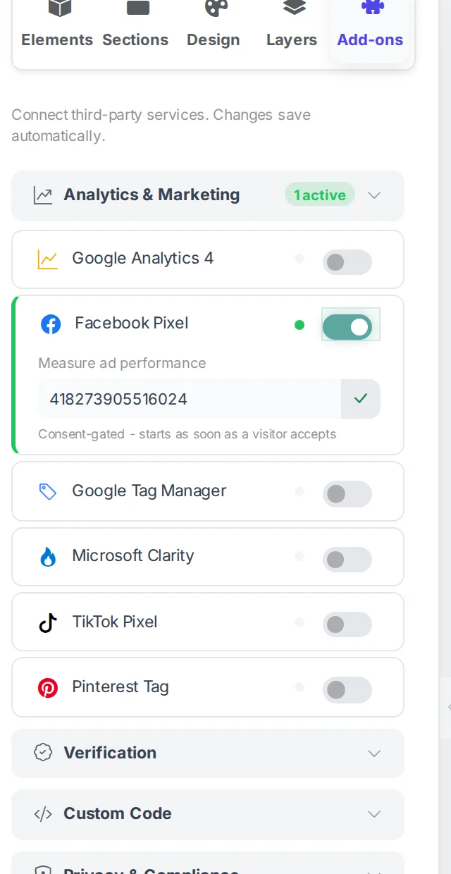 The Add-ons tab in the Webkio builder with Facebook Pixel switched on and a pixel ID entered