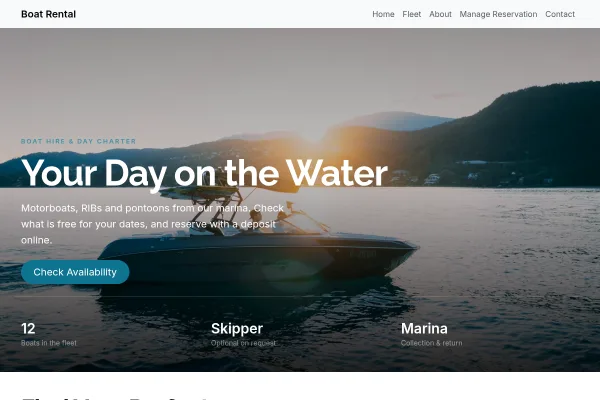 A boat hire website built with Webkio, showing live availability and online booking