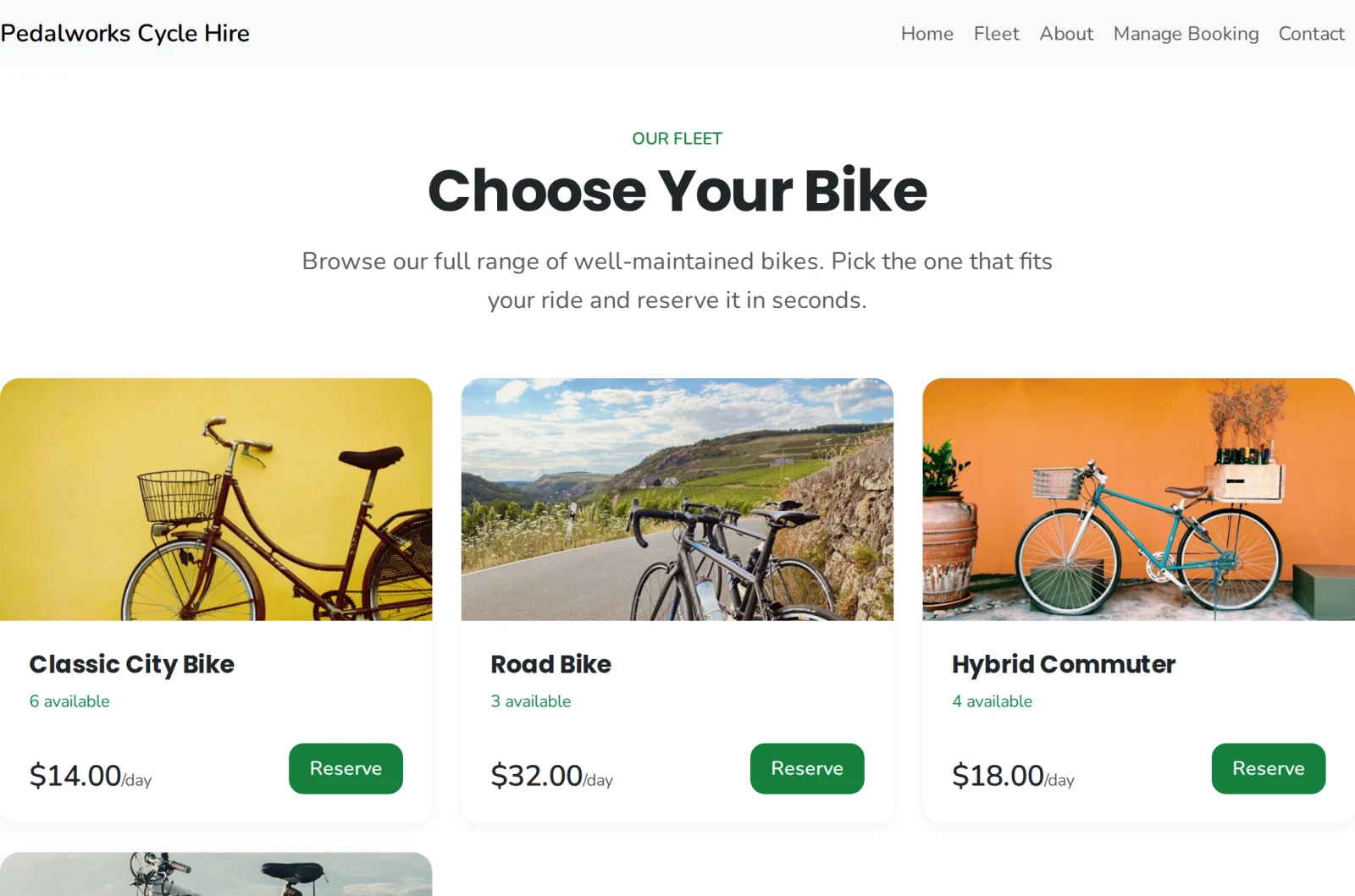 A bike rental site listing four bikes with their daily rates, how many are free and a Reserve button on each