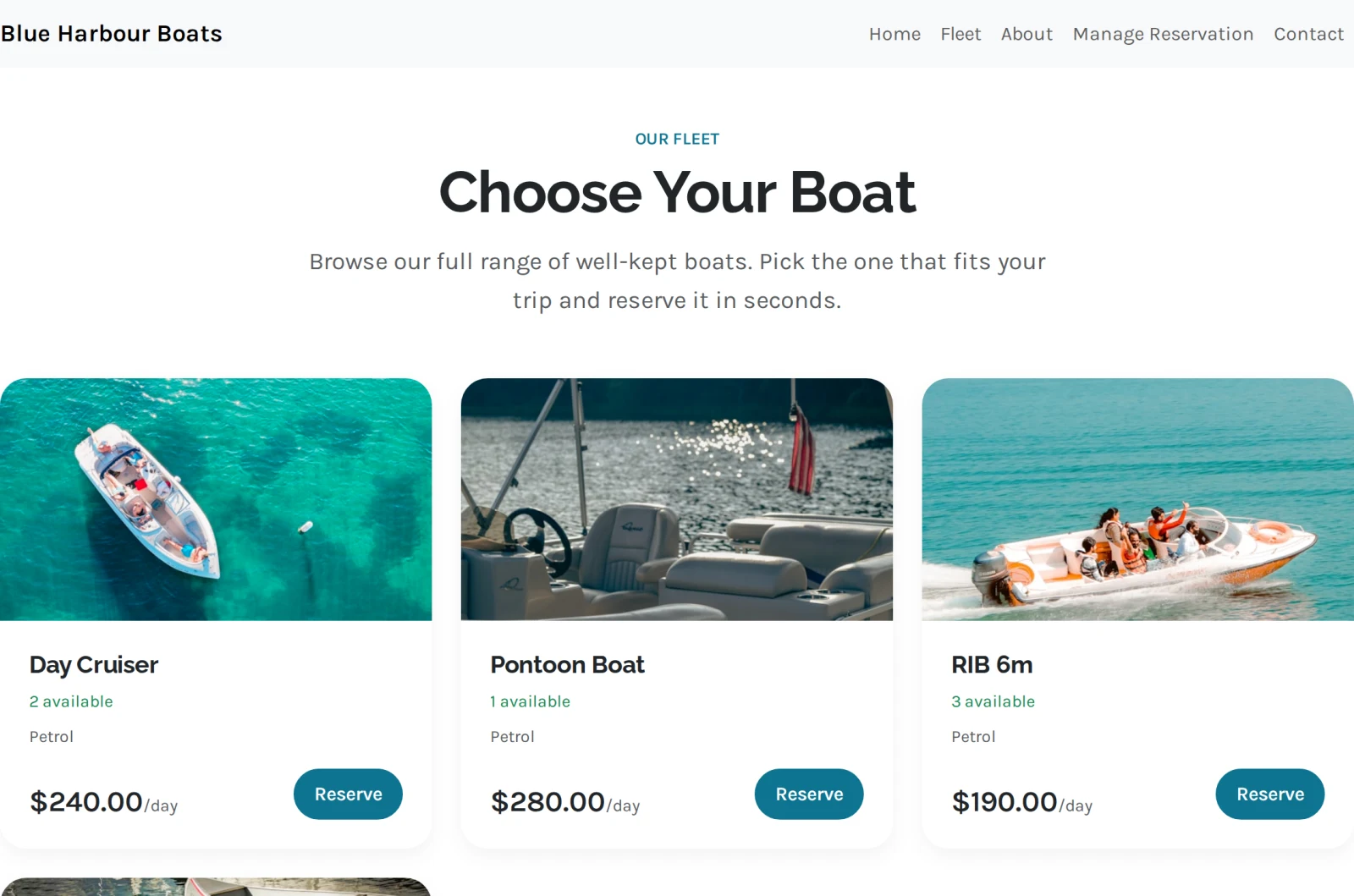 A boat hire site listing four boats with their daily rates, how many are free and a Reserve button on each