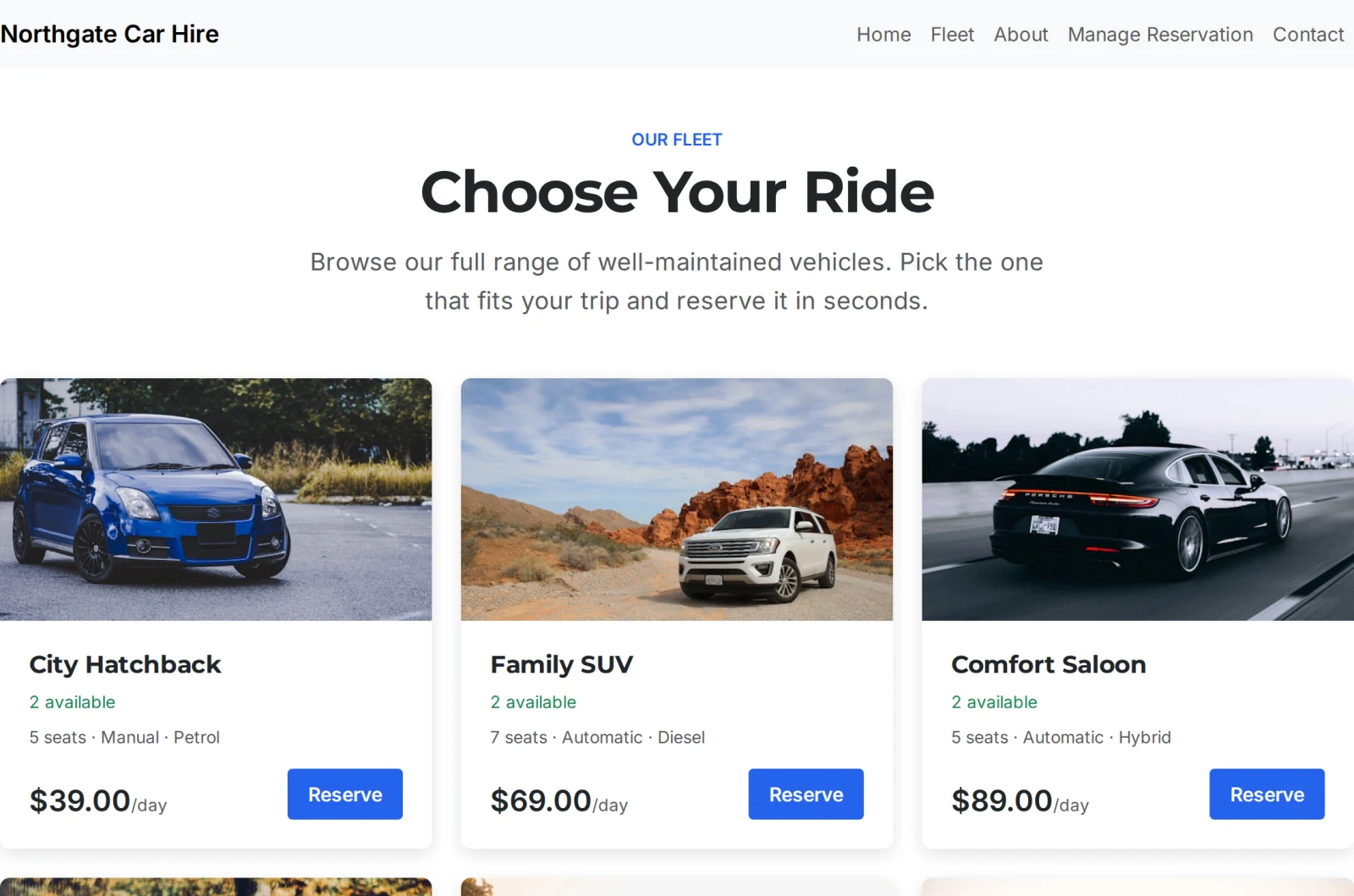 A car rental website showing three vehicles with their daily rates and a Reserve button on each
