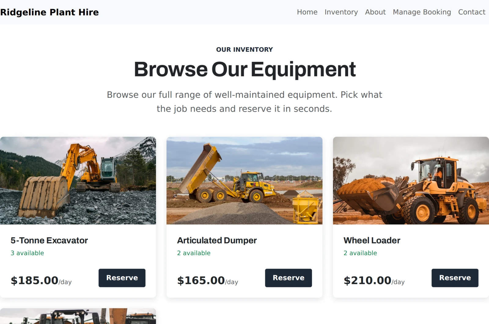An equipment hire site listing plant machinery with daily rates, how many are free and a Reserve button on each