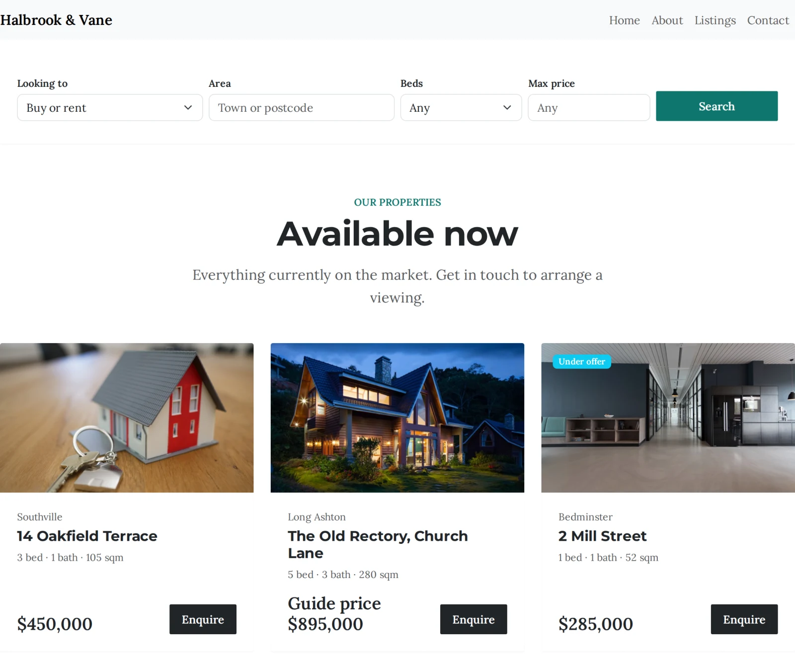 An estate agency listings page showing six properties with prices, specs and Under offer and Sold badges