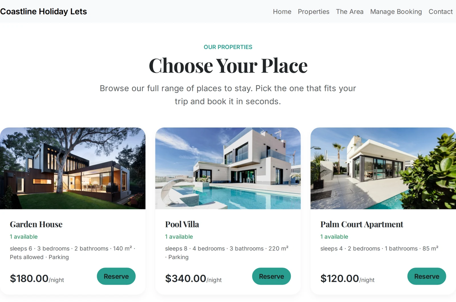 A holiday rental site listing three properties with how many they sleep and a nightly rate
