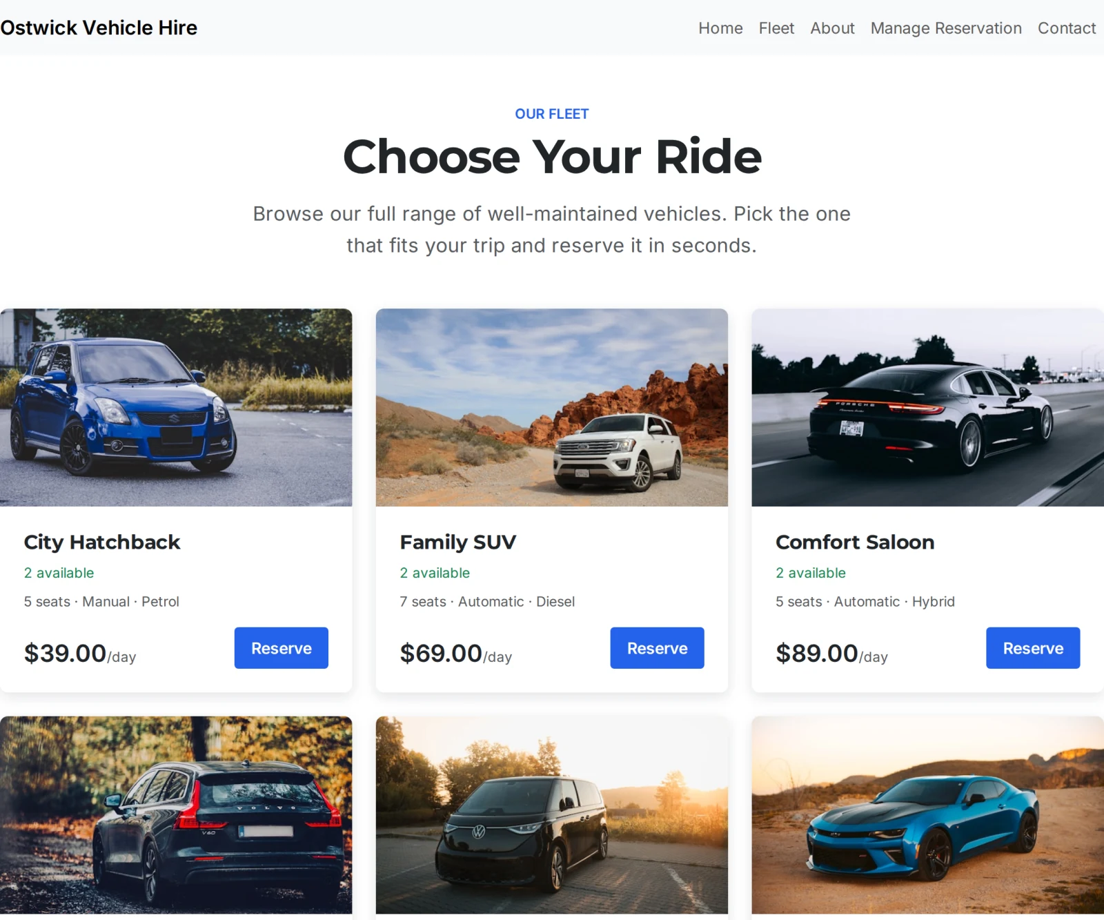 A car rental site listing vehicles with their daily rates and a Reserve button on each