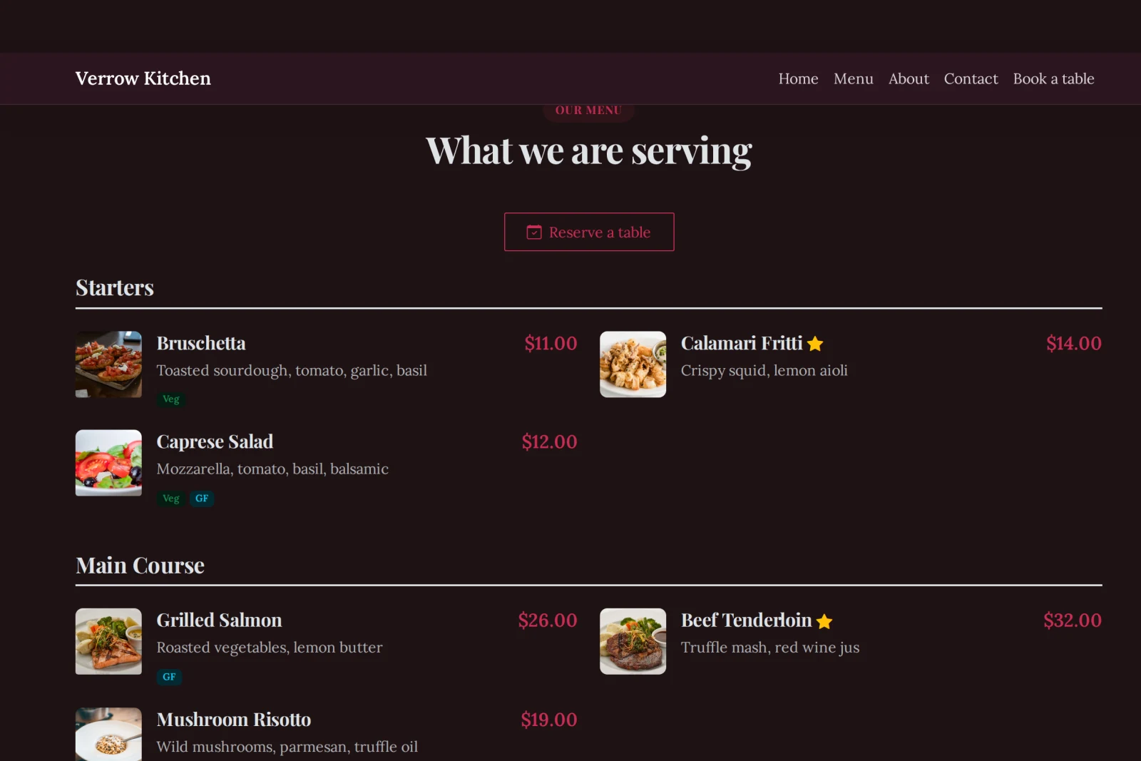 A restaurant menu page showing dishes with photos, prices and a Reserve a table button