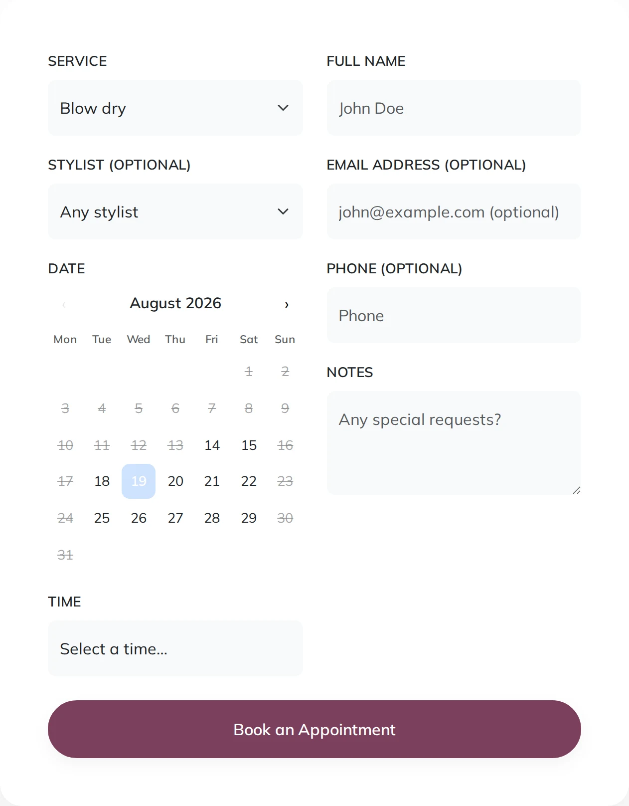 A booking form showing a service, a stylist, a calendar with the fully-booked days struck through, and a Book an Appointment button