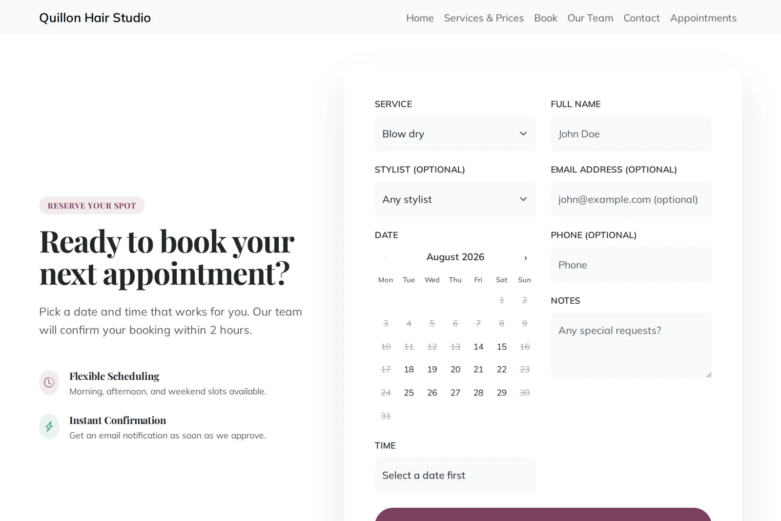 A salon website headed "Cut, colour, or both" over a photograph of a stylist cutting hair, beside a booking form with a blow dry chosen and a date picked