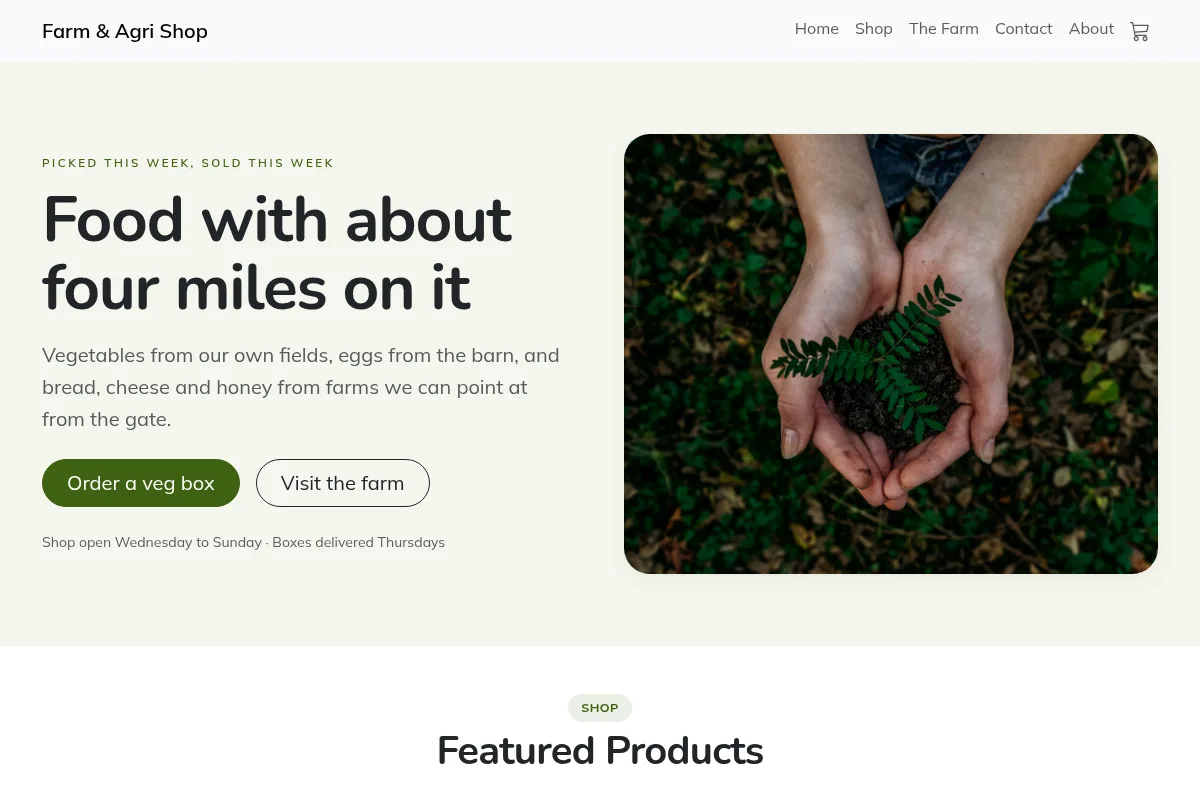 A farm shop site listing produce and boxes with prices and an order button on each