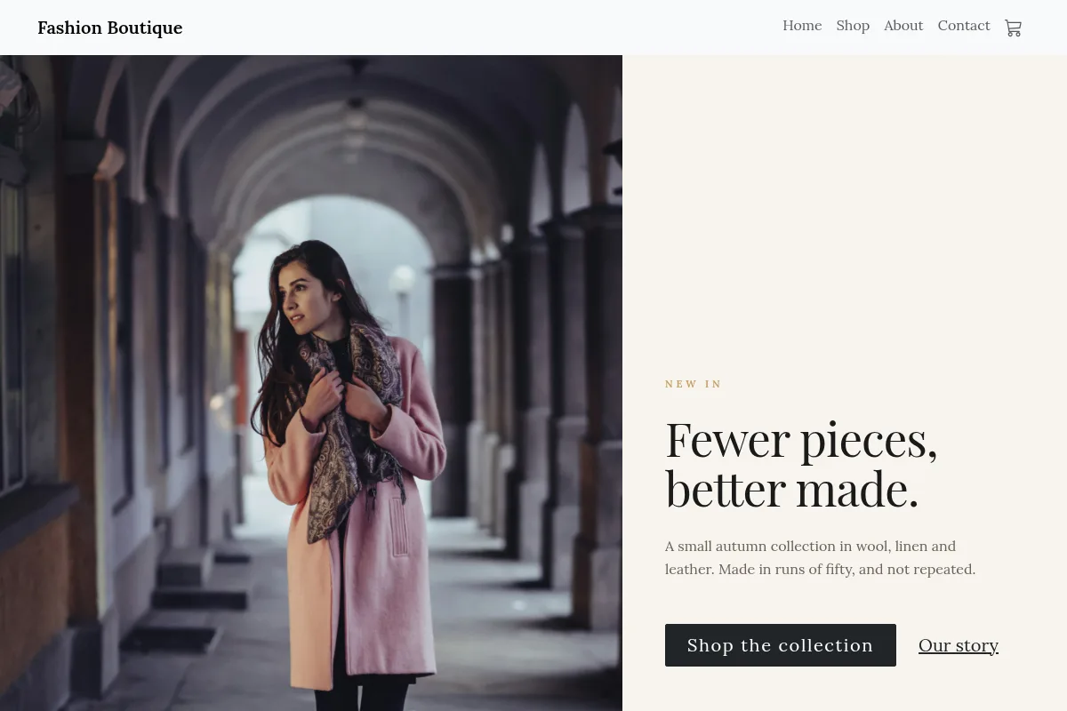 A fashion shop listing garments with prices, size options and an Add to cart button on each