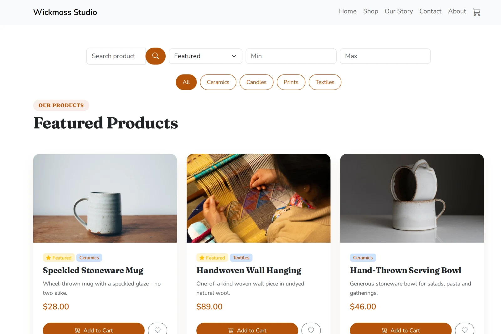 An online shop showing products with prices and an Add to cart button on each