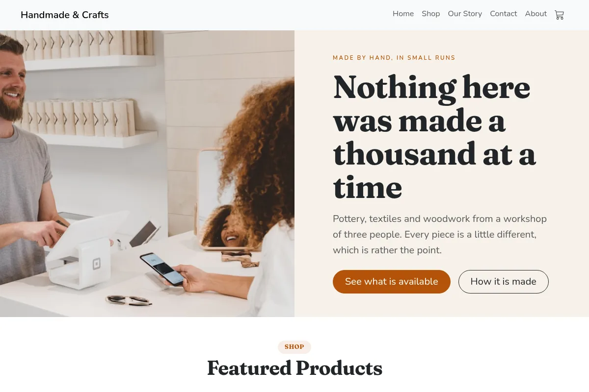 A handmade shop listing craft pieces with prices and an Add to cart button on each