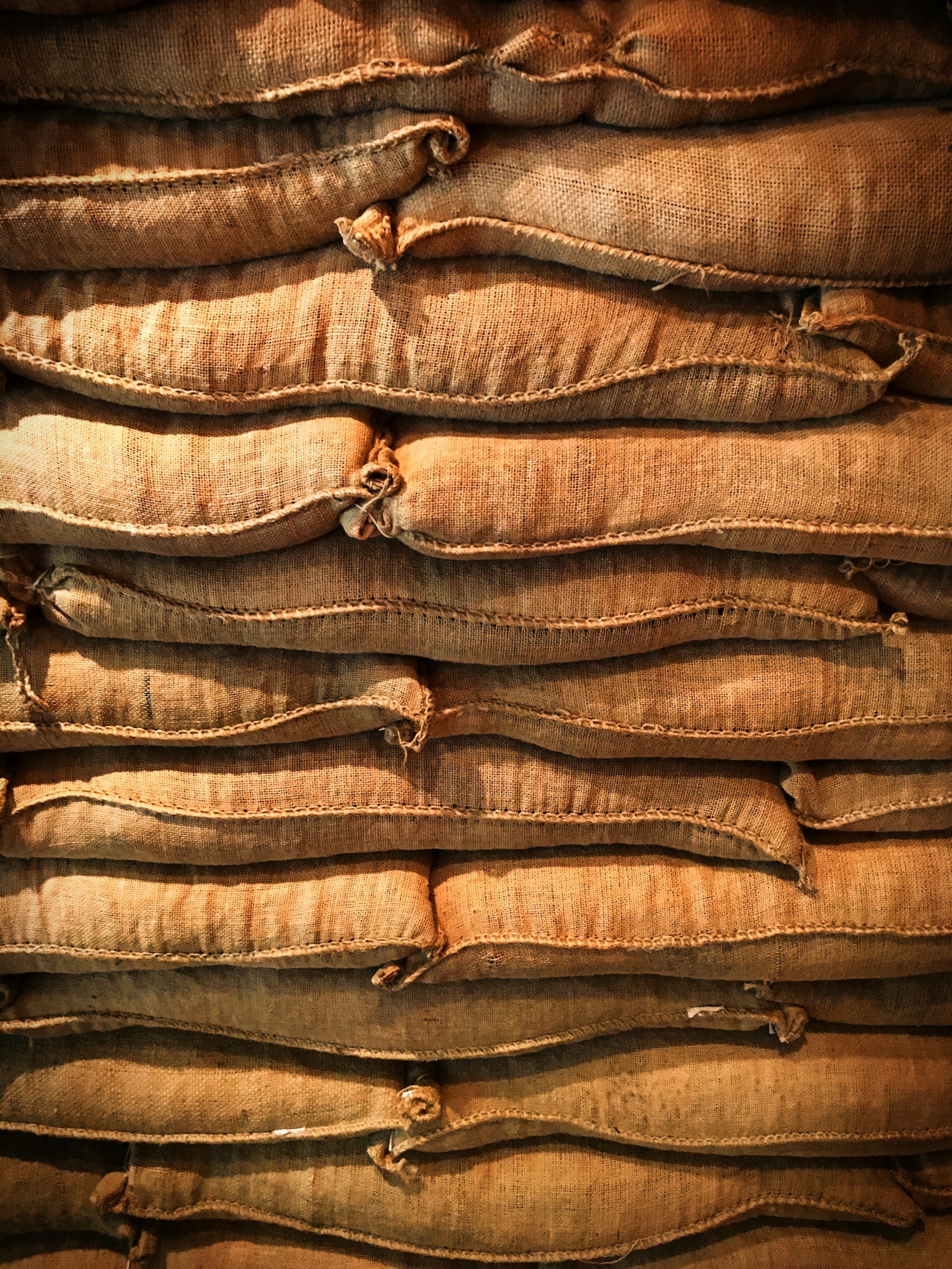 Stacked hessian coffee sacks