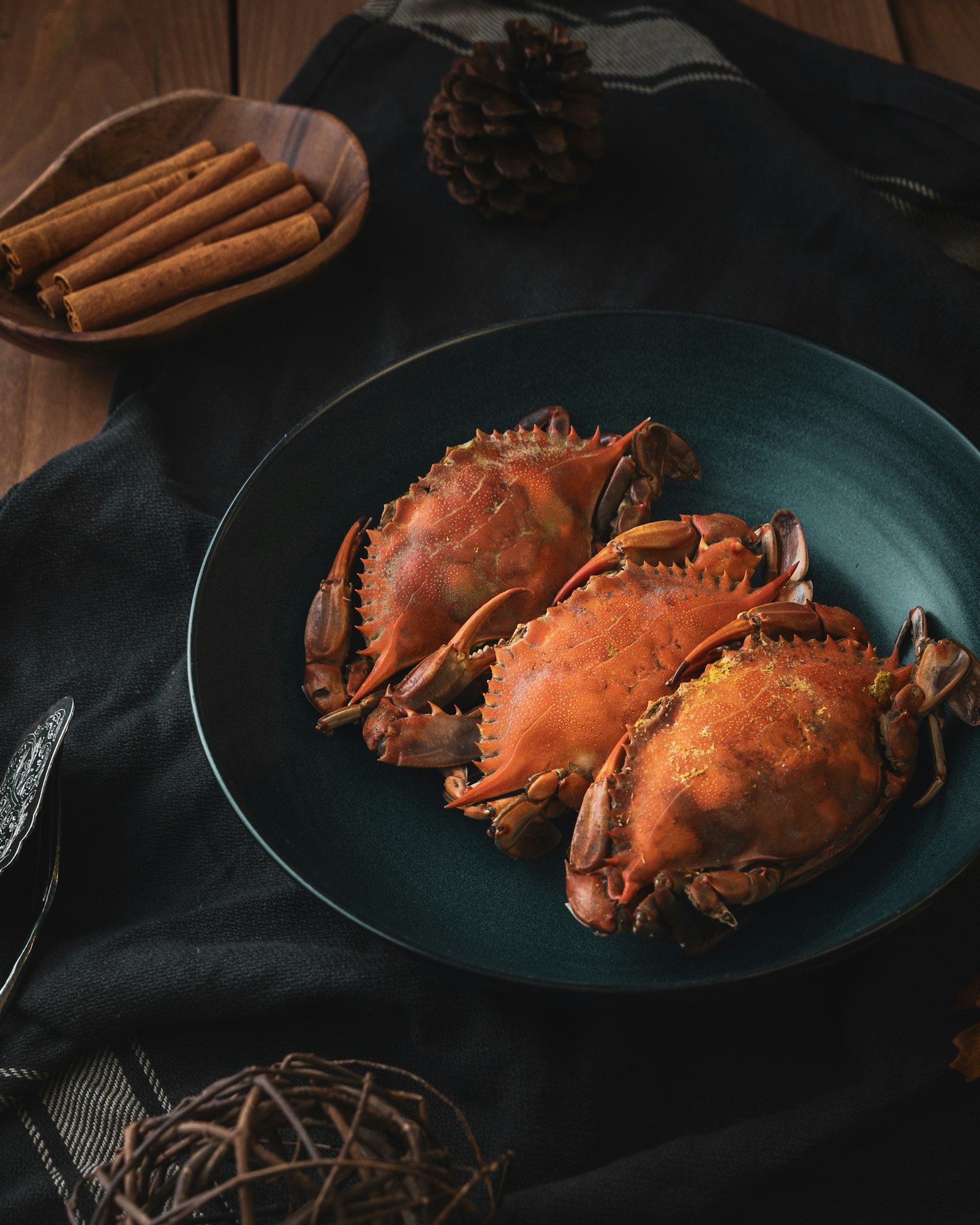 A plate of whole cooked crabs