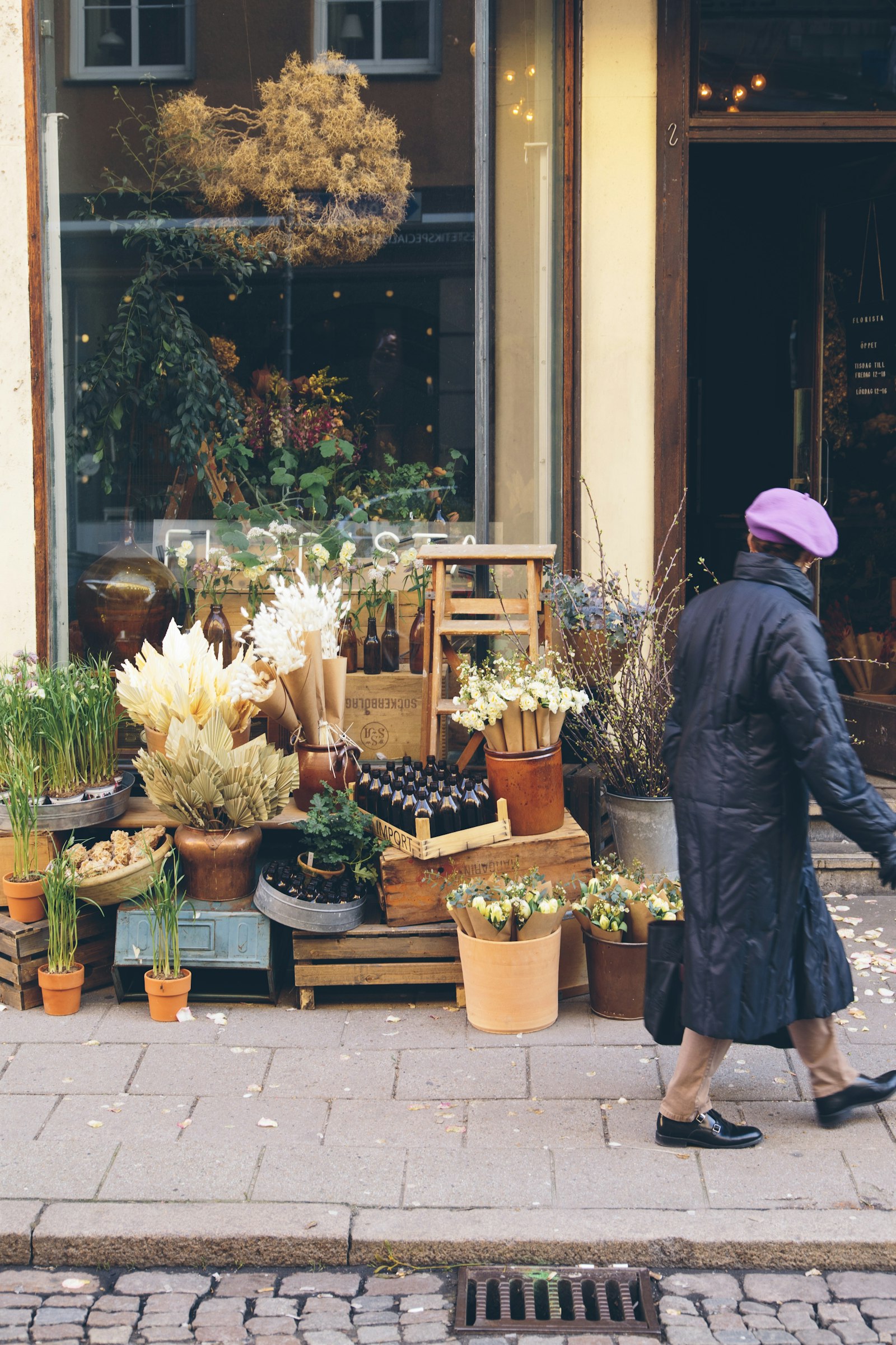 Dried flowers in crates outside a shop