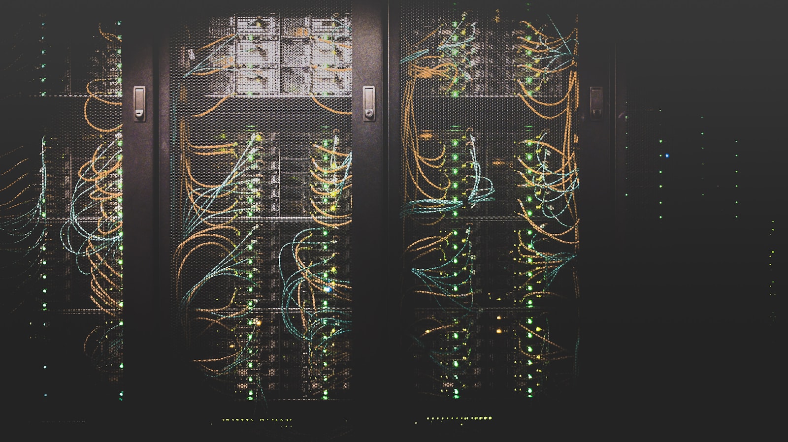 A glowing data center server rack row