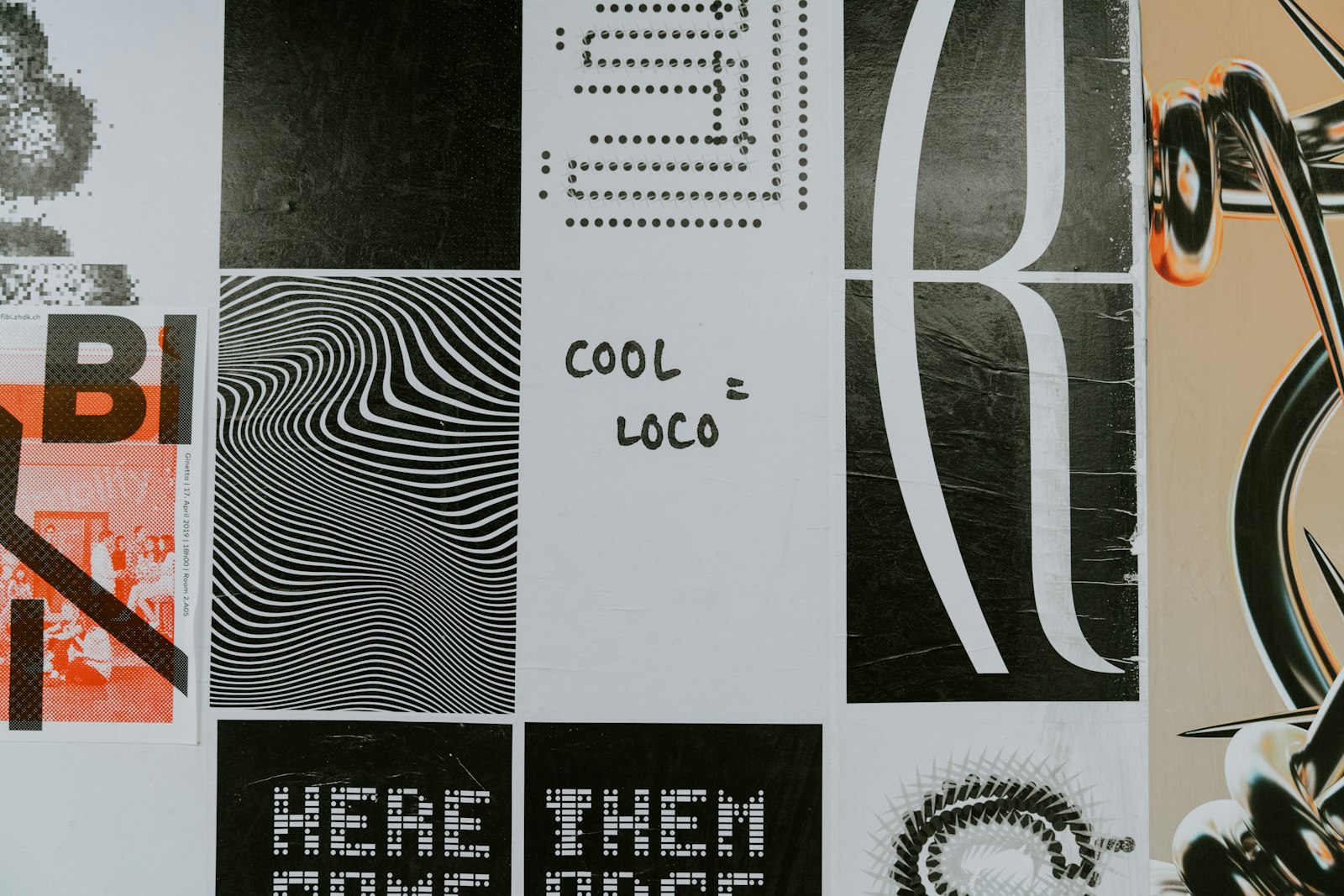 A wall of black-and-white typographic poster designs