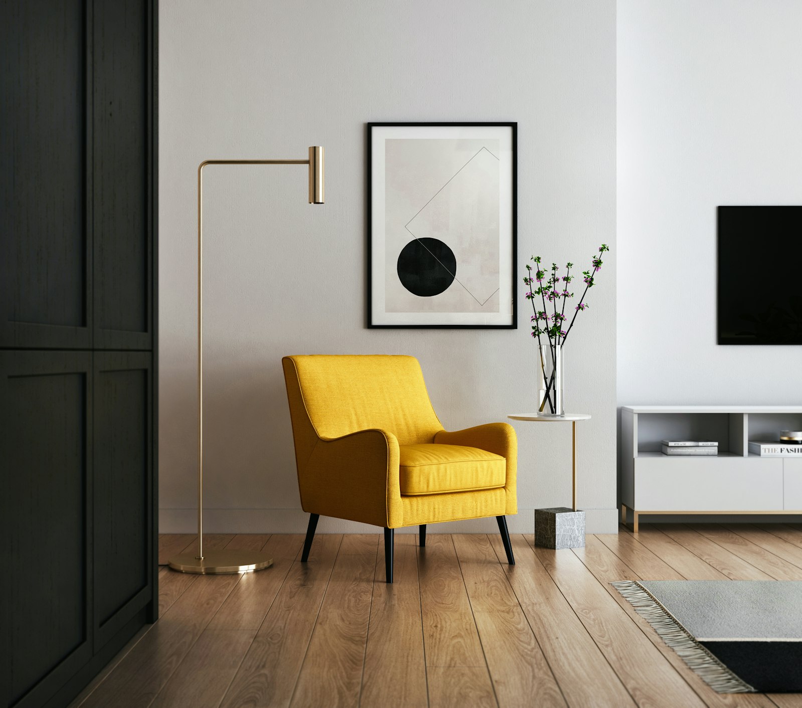 The corner by the kitchen: a yellow armchair, a plant and afternoon light