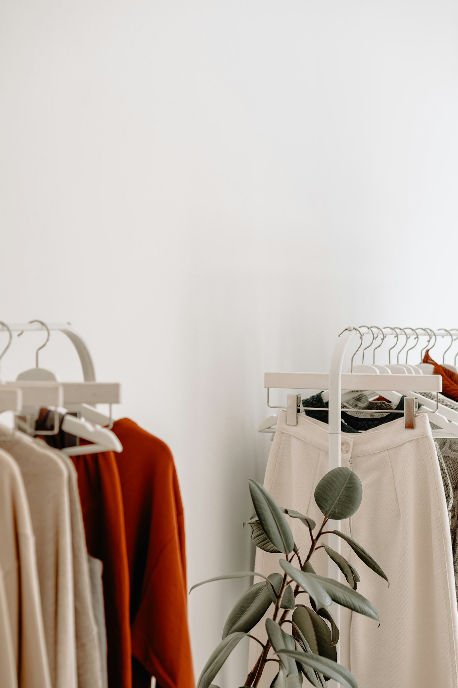 Rails of neutral and rust knitwear with a rubber plant