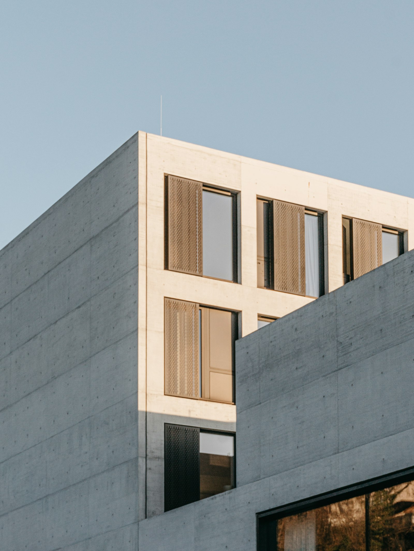 Board-marked concrete facade with deep timber-framed windows