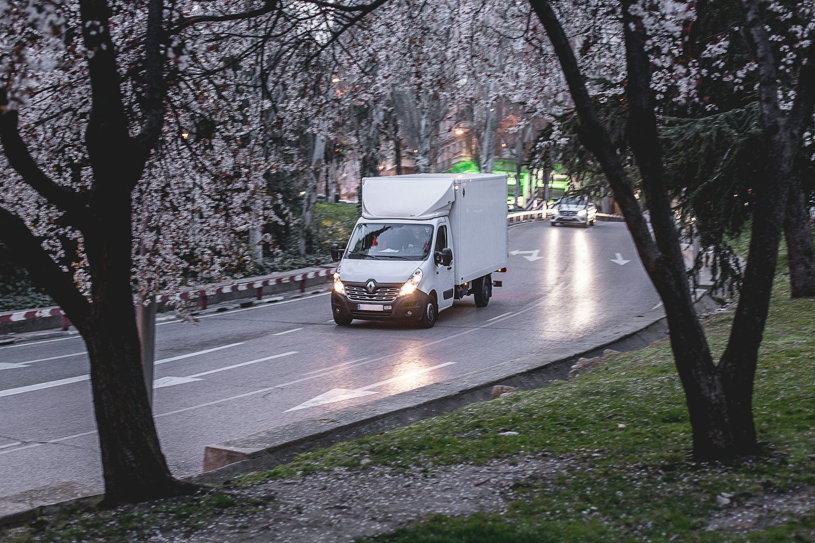 A white Luton box van driving under blossom trees