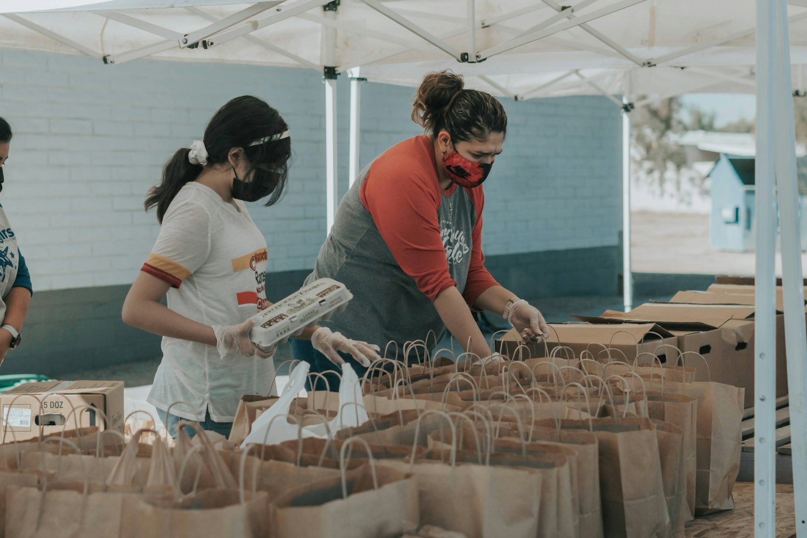 Two volunteers packing rows of paper grocery bags