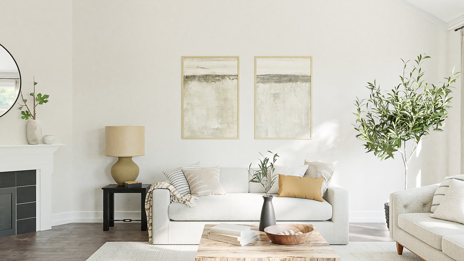 A white living room with a fireplace, a linen sofa and an olive tree