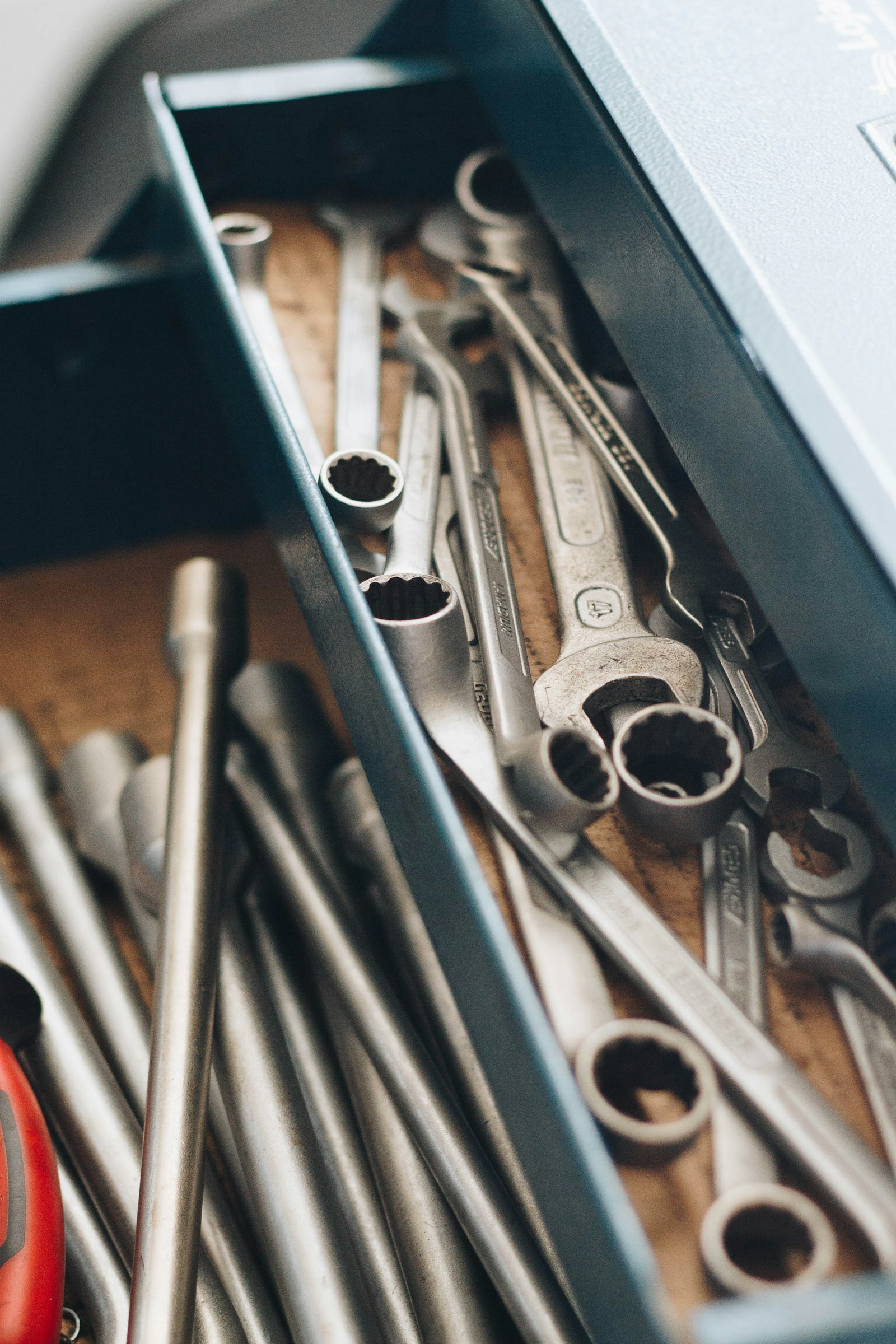 A workshop drawer of spanners