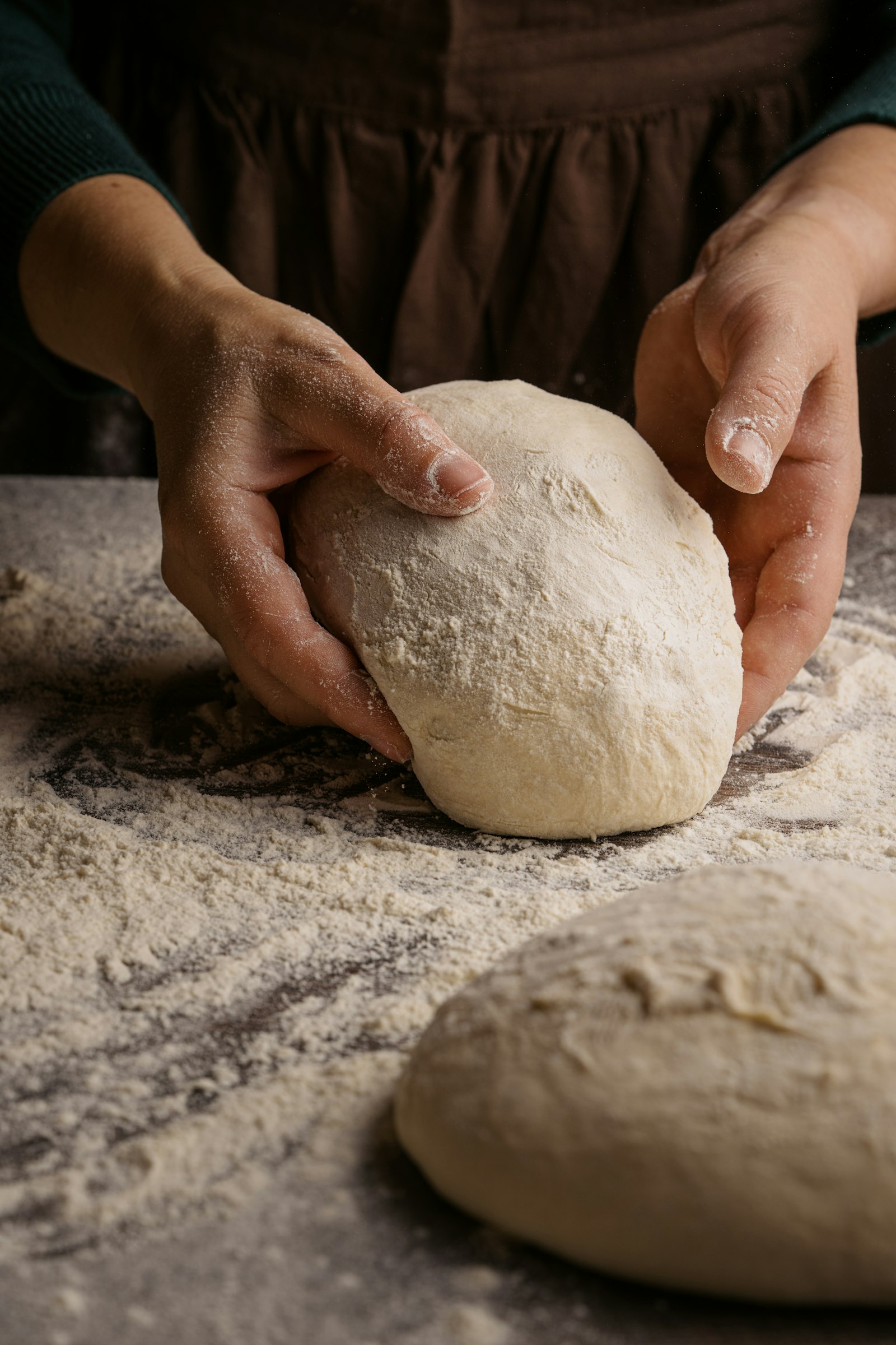 Hands shaping a dough ball on a floured counter