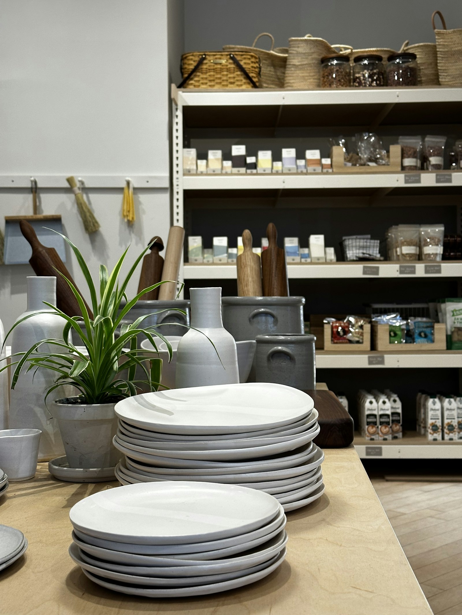 Stacks of grey stoneware plates