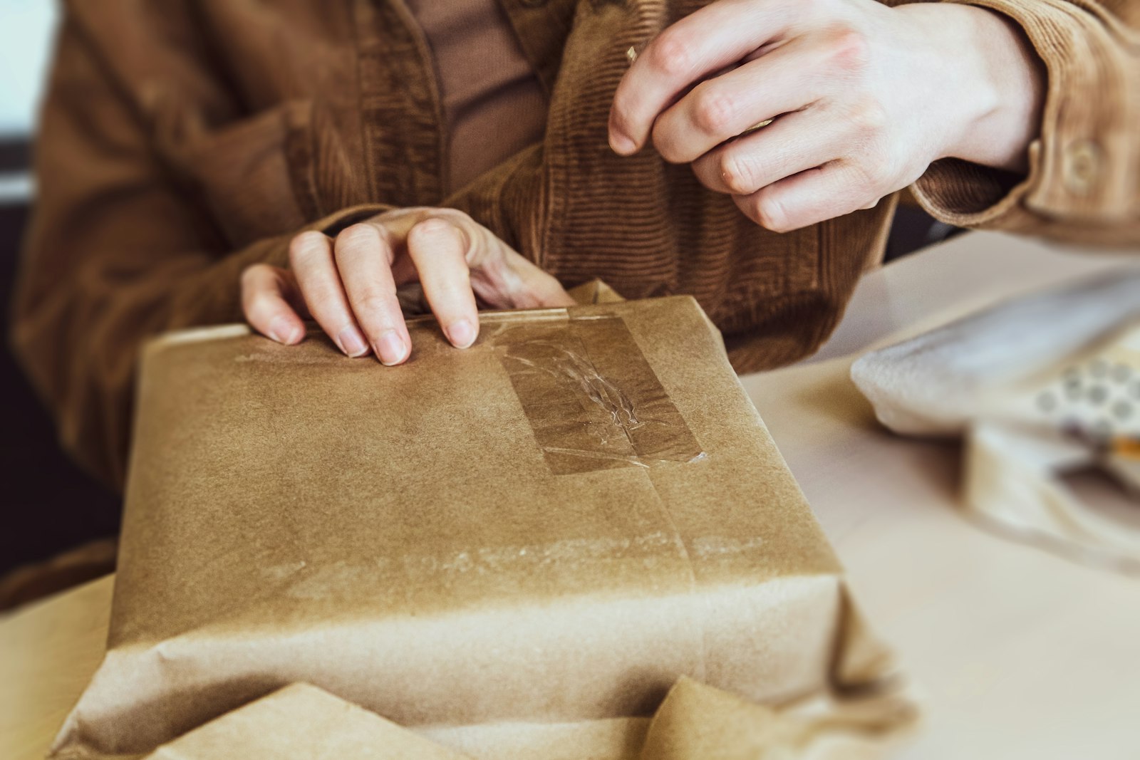 Hands taping a parcel wrapped in brown kraft paper