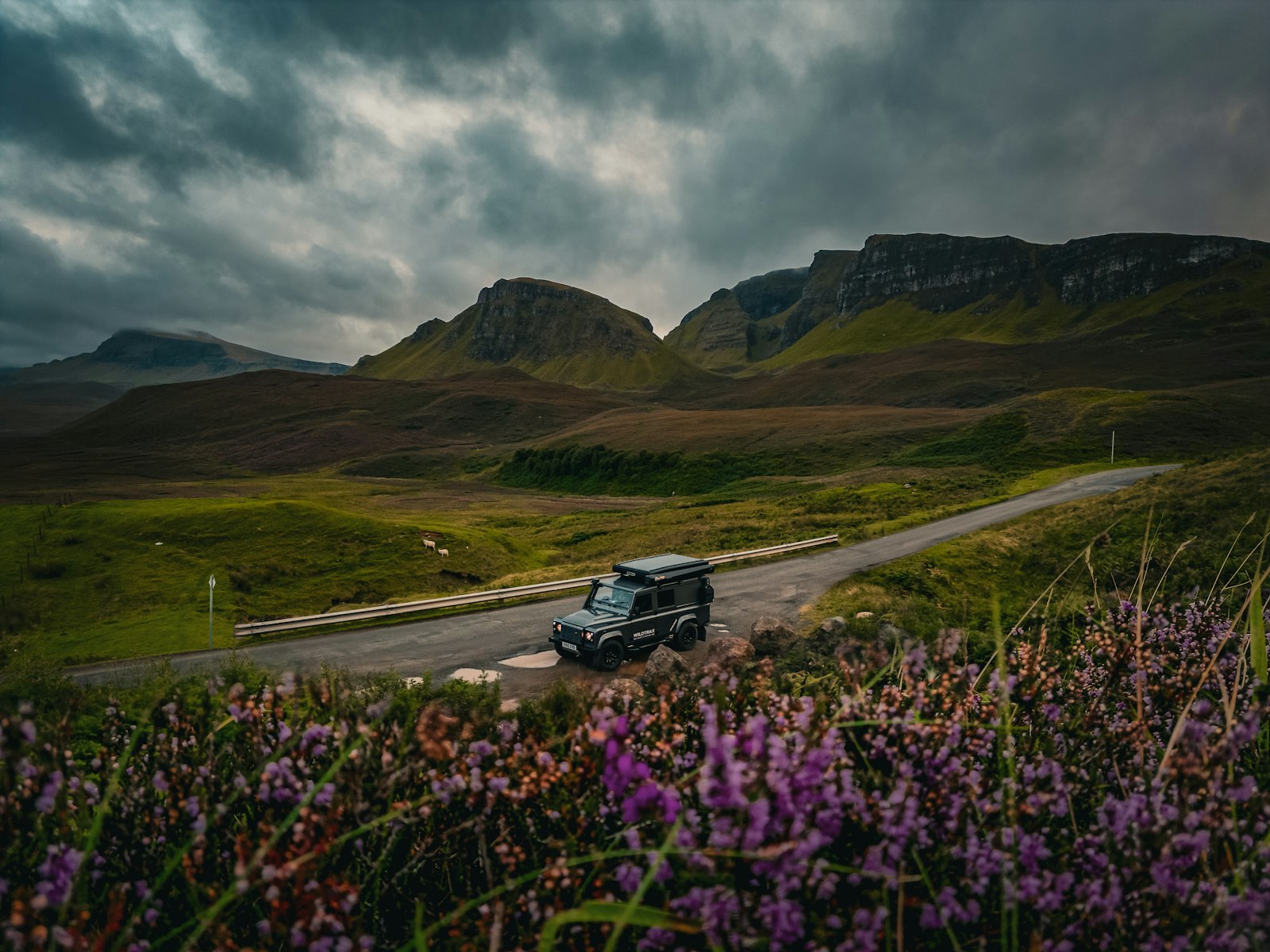 A Defender on a winding road through heather