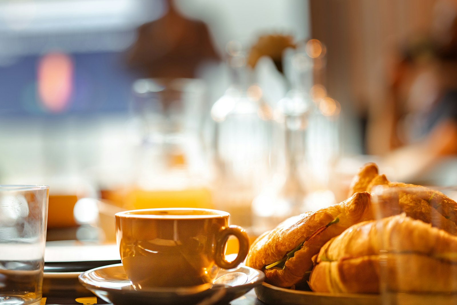 Coffee and croissants on a breakfast table
