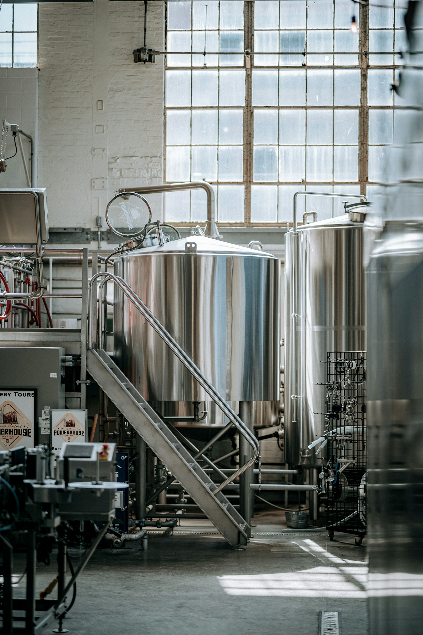 A brewhouse with stainless kettles