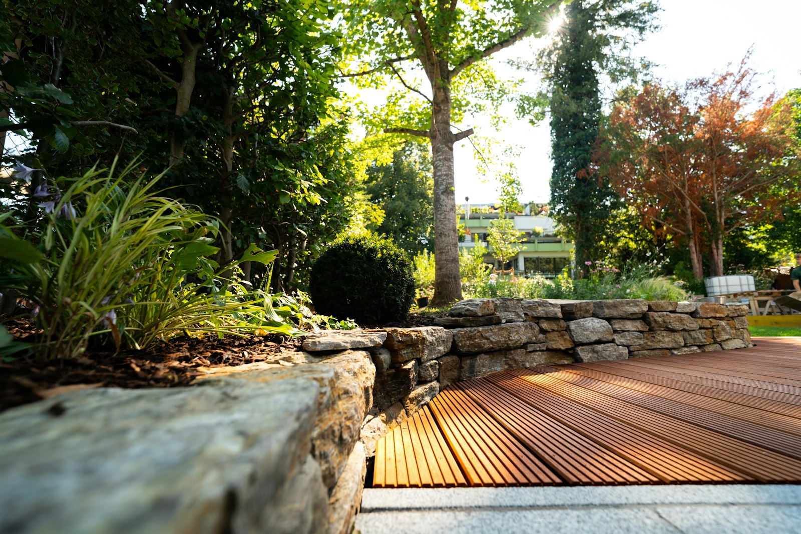 A timber deck edged with rock and trees