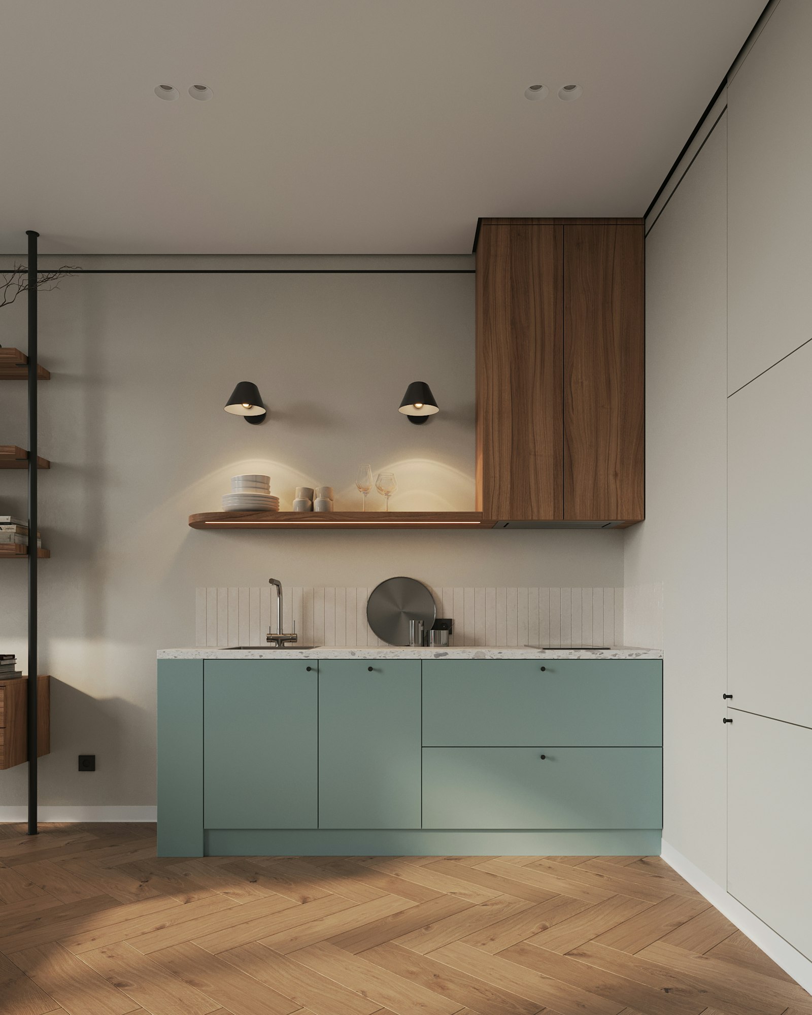 A compact flat kitchen with sage cabinets and open shelves