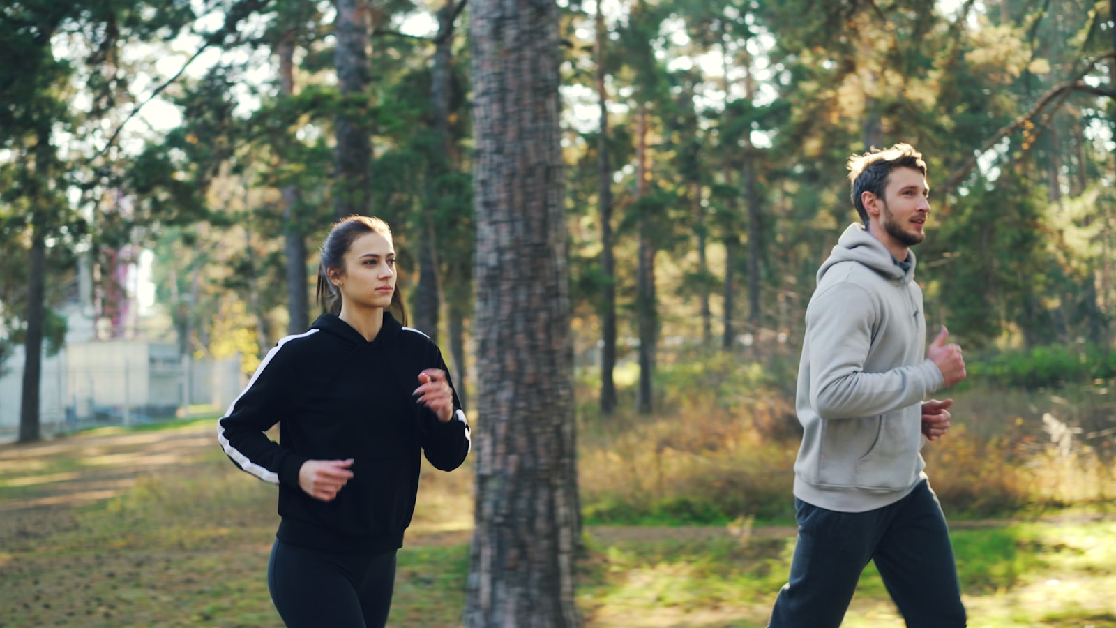 A man and a woman jogging together through a park in the morning