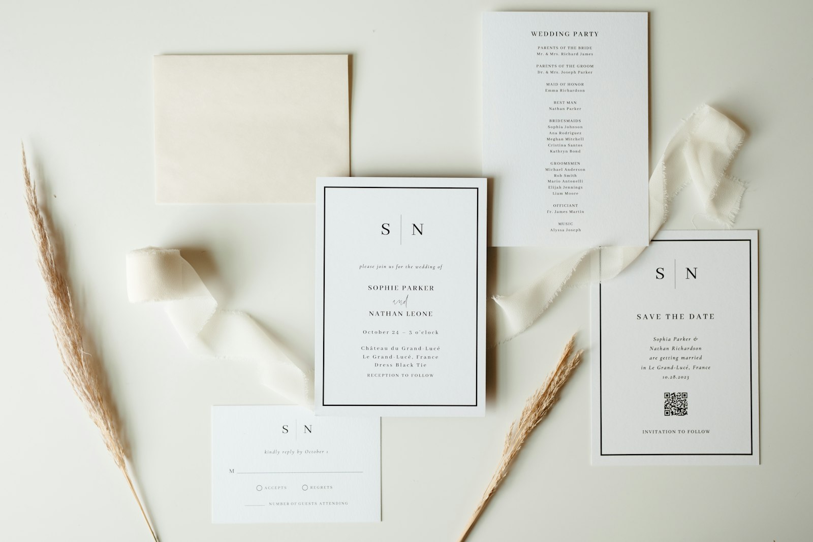 A wedding stationery suite with ribbon