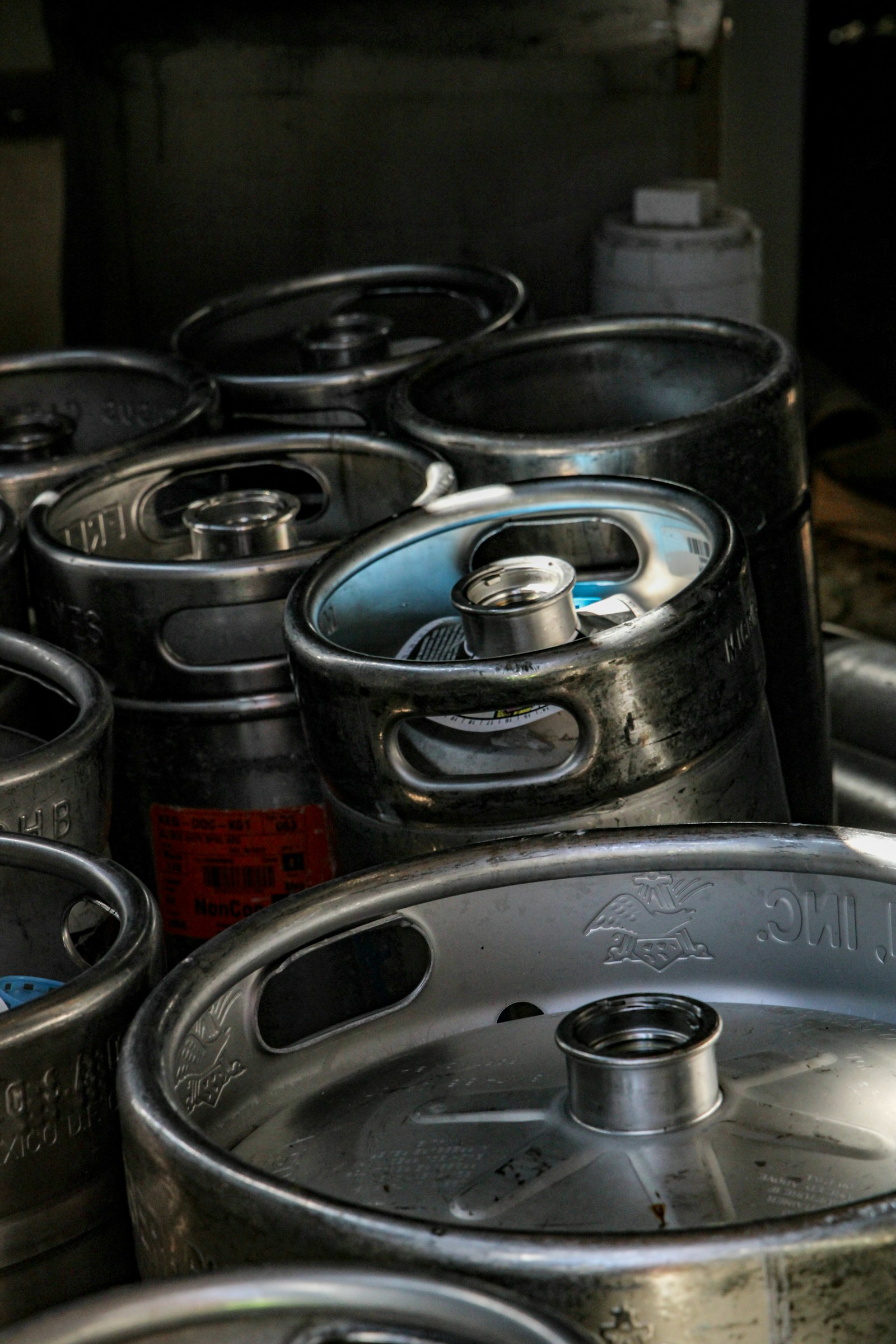 Stainless kegs stacked together