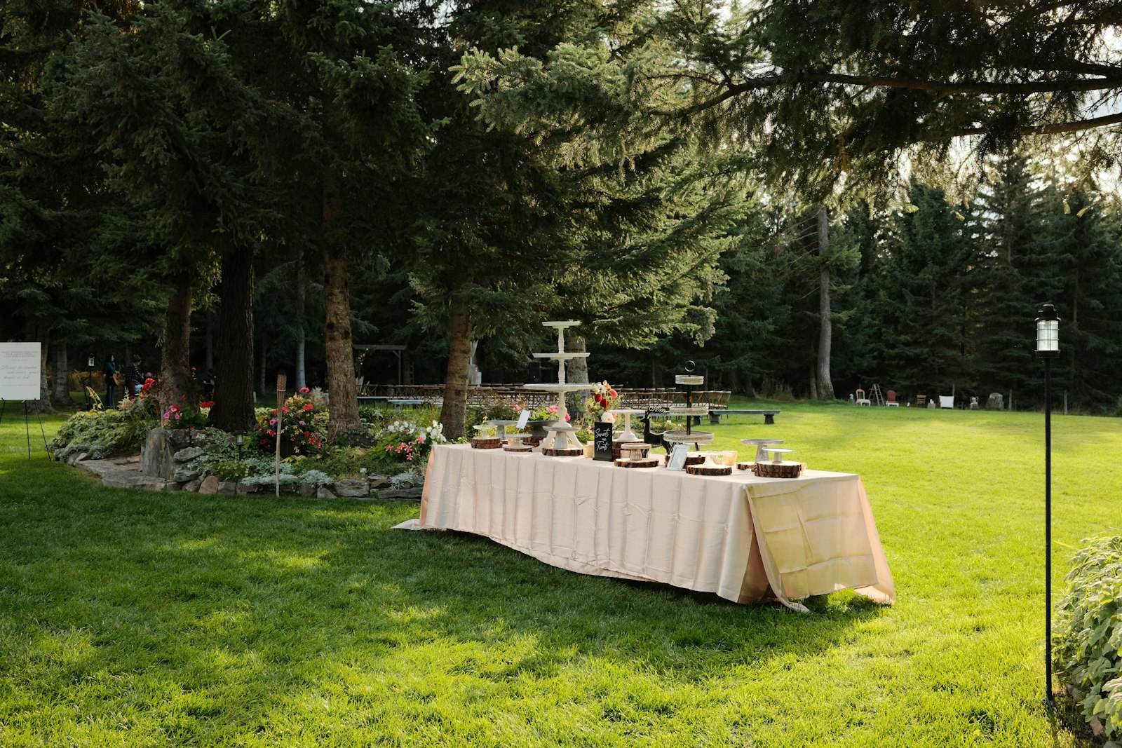 A buffet table on a garden lawn