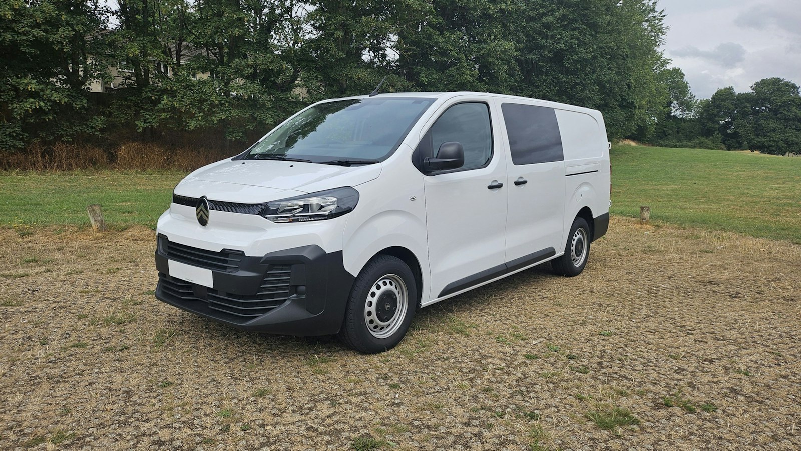 A white mid-size panel van parked on grass by trees