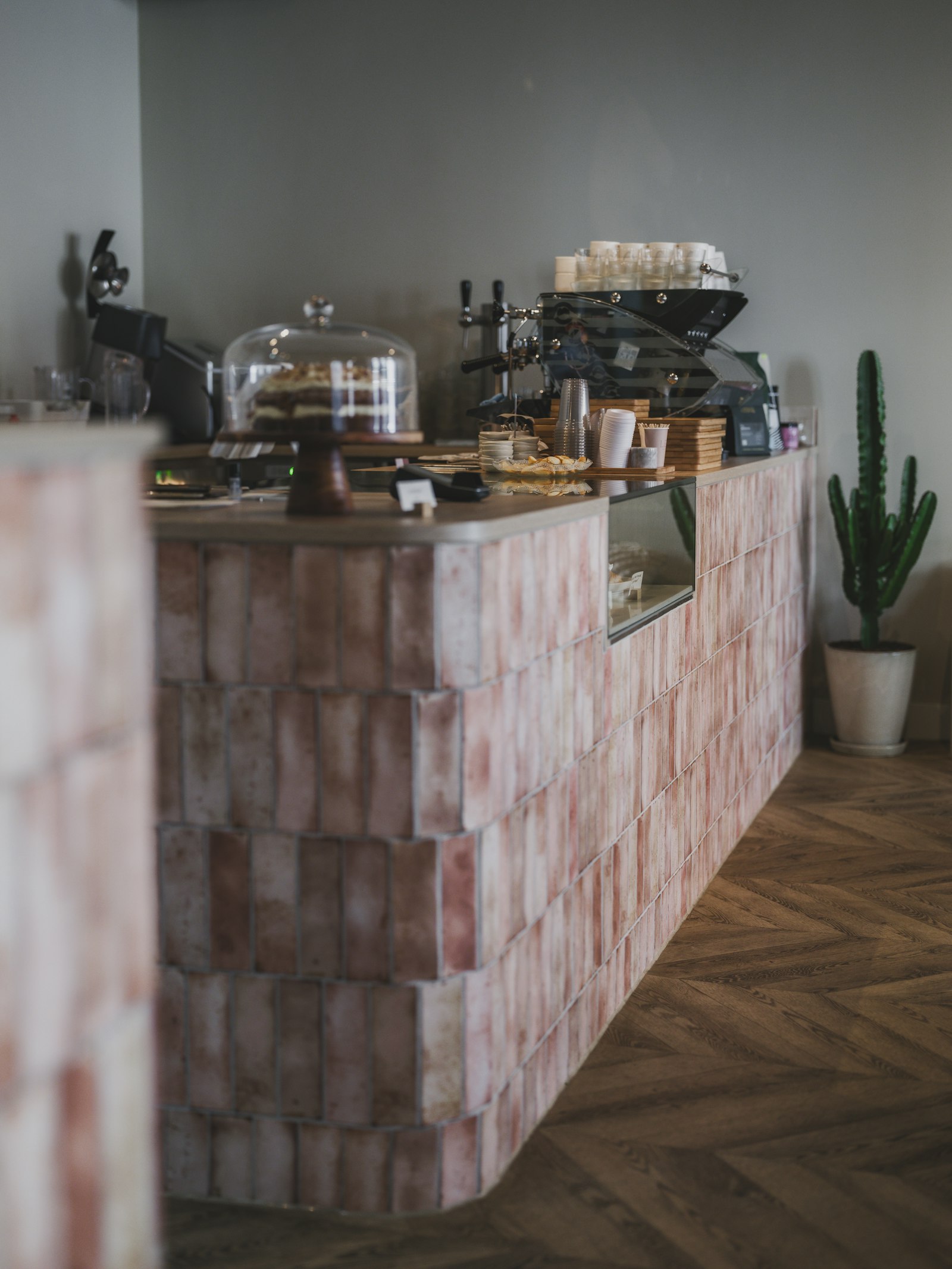 A tiled counter with a cake dome and pastries